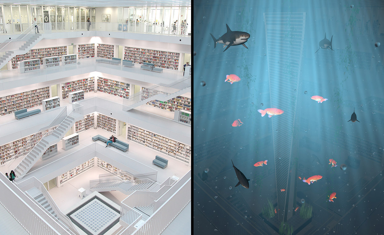 Stuttgarter Bibliothek 21 – CGI, 3D-Grafik, Visual-Effect Innenaufnahme der Stuttgarter Stadtbibliothek am Mailänder Platz, Unterwasserszene mit Haien und Goldfischen – Foto mit 3D-Grafik